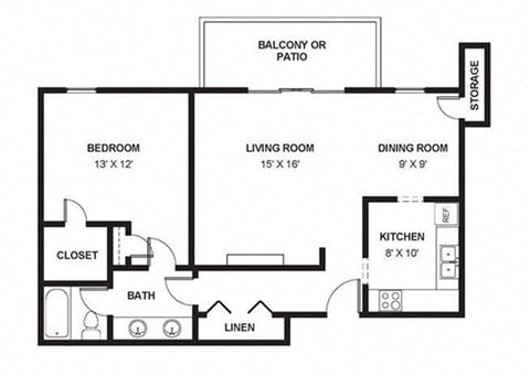 Floor plan for 1 bed, 1 bath, 870 sqft